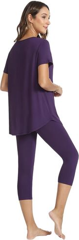 WiWi Women's Pajama Set 2 Piece Short Sleeve Tunic Top Capri Leggings Sleepwear Soft Pjs Viscose from Bamboo S-XXL in Saudi Arabia