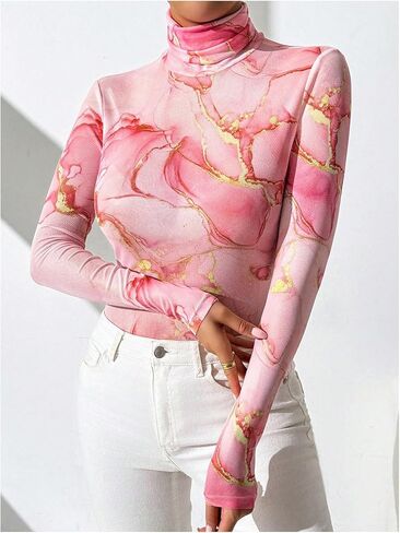Wdirara Women's Tie Dye شفافة الشبكات تتصدر سلحفاة رقبة طويلة الأكمام يوتار in Saudi Arabia