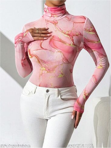 Wdirara Women's Tie Dye شفافة الشبكات تتصدر سلحفاة رقبة طويلة الأكمام يوتار in Saudi Arabia