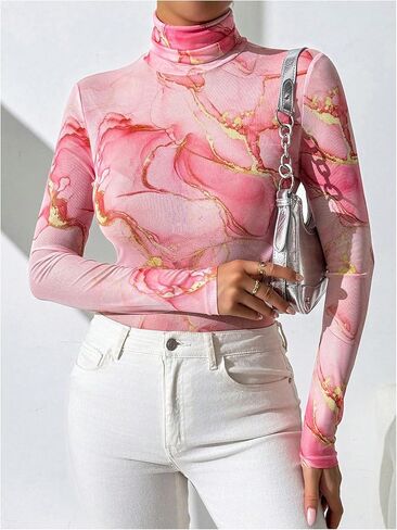 Wdirara Women's Tie Dye شفافة الشبكات تتصدر سلحفاة رقبة طويلة الأكمام يوتار in Saudi Arabia