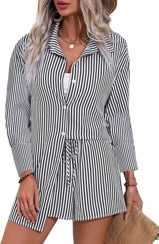 Women's 2 Piece Outfits Striped Button Down Long Sleeve Shirt and Drawstring Shorts Set in Saudi Arabia
