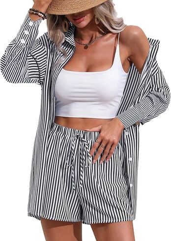 Women's 2 Piece Outfits Striped Button Down Long Sleeve Shirt and Drawstring Shorts Set in Saudi Arabia