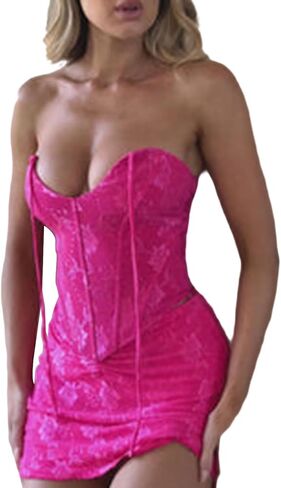 Women 's 2 Piece Bodycon Mini Skirt Set Outfits Backless Tie Up Jacquard Corset Tube Tops + Ruched Skirt Set in Kuwait