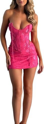 Women 's 2 Piece Bodycon Mini Skirt Set Outfits Backless Tie Up Jacquard Corset Tube Tops + Ruched Skirt Set in Kuwait