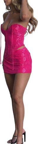 Women 's 2 Piece Bodycon Mini Skirt Set Outfits Backless Tie Up Jacquard Corset Tube Tops + Ruched Skirt Set in Kuwait