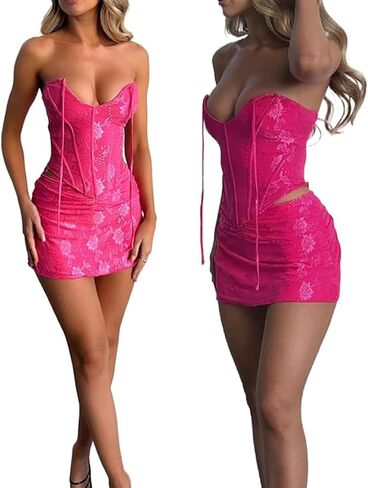 Women 's 2 Piece Bodycon Mini Skirt Set Outfits Backless Tie Up Jacquard Corset Tube Tops + Ruched Skirt Set in Kuwait