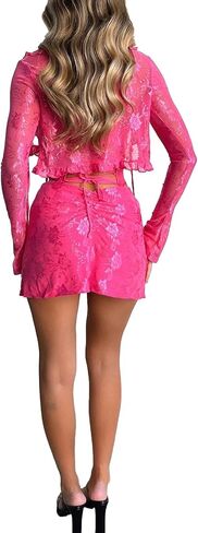 Women 's 2 Piece Bodycon Mini Skirt Set Outfits Backless Tie Up Jacquard Corset Tube Tops + Ruched Skirt Set in Kuwait