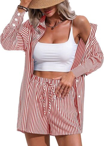 Women's 2 Piece Outfits Striped Button Down Long Sleeve Shirt and Drawstring Shorts Set in Saudi Arabia