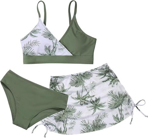 ESHOO Girls Swimsuit 3 Piece Bikini Set Tropical Print Cross V Neck Bathing Suits Girls' Swimwear with Cover Up Skirt 10-16T in Saudi Arabia