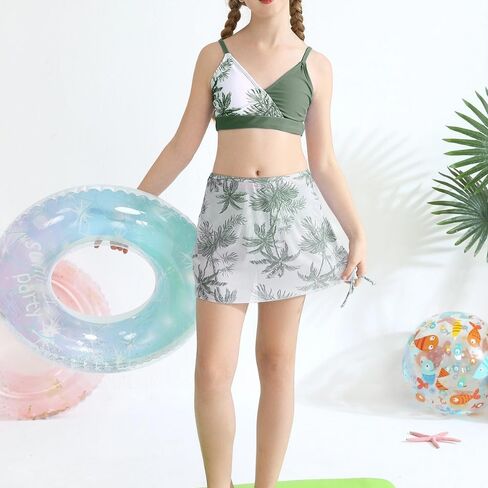 ESHOO Girls Swimsuit 3 Piece Bikini Set Tropical Print Cross V Neck Bathing Suits Girls' Swimwear with Cover Up Skirt 10-16T in Saudi Arabia