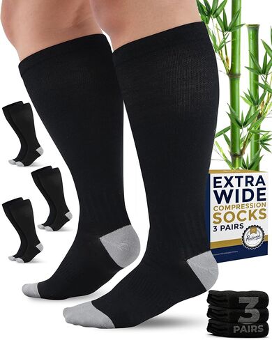 Pembrook 3 Pairs Plus Size Compression Socks Wide Calf - 15-20 mmHg Bamboo Viscose Compression Socks Men Wide Calf, Extra Wide Calf Socks for Women & Men, Knee High, Black in Kuwait