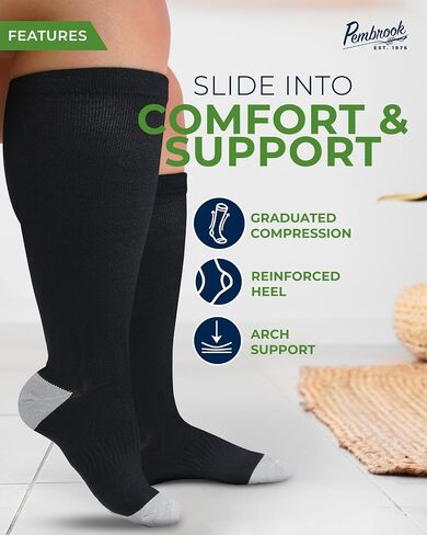 Pembrook 3 Pairs Plus Size Compression Socks Wide Calf - 15-20 mmHg Bamboo Viscose Compression Socks Men Wide Calf, Extra Wide Calf Socks for Women & Men, Knee High, Black in Kuwait