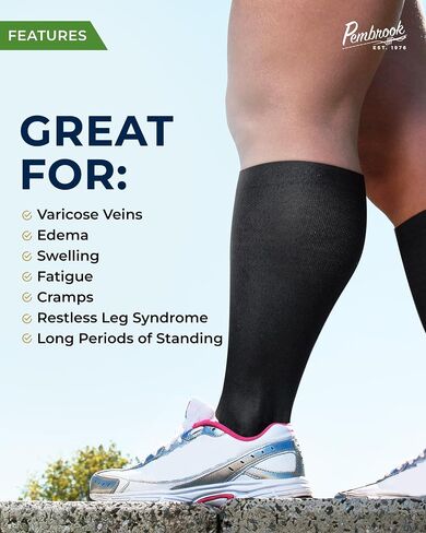 Pembrook 3 Pairs Plus Size Compression Socks Wide Calf - 15-20 mmHg Bamboo Viscose Compression Socks Men Wide Calf, Extra Wide Calf Socks for Women & Men, Knee High, Black in Kuwait