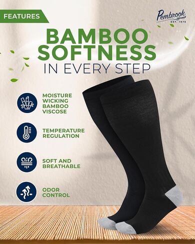 Pembrook 3 Pairs Plus Size Compression Socks Wide Calf - 15-20 mmHg Bamboo Viscose Compression Socks Men Wide Calf, Extra Wide Calf Socks for Women & Men, Knee High, Black in Kuwait