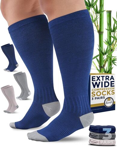 Pembrook 3 Pairs Plus Size Compression Socks Wide Calf - 15-20 mmHg Bamboo Viscose Compression Socks Men Wide Calf, Extra Wide Calf Socks for Women & Men, Knee High, Black in Kuwait