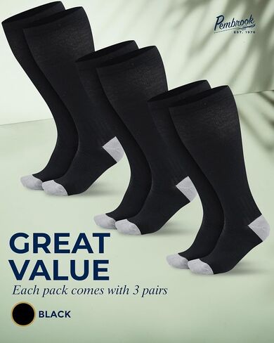 Pembrook 3 Pairs Plus Size Compression Socks Wide Calf - 15-20 mmHg Bamboo Viscose Compression Socks Men Wide Calf, Extra Wide Calf Socks for Women & Men, Knee High, Black in Kuwait