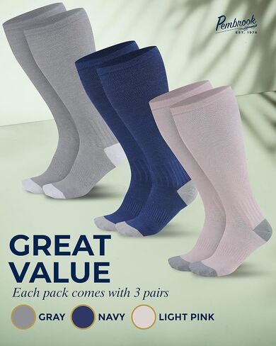 Pembrook 3 Pairs Plus Size Compression Socks Wide Calf - 15-20 mmHg Bamboo Viscose Compression Socks Men Wide Calf, Extra Wide Calf Socks for Women & Men, Knee High, Black in Kuwait