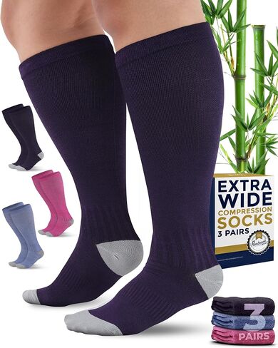 Pembrook 3 Pairs Plus Size Compression Socks Wide Calf - 15-20 mmHg Bamboo Viscose Compression Socks Men Wide Calf, Extra Wide Calf Socks for Women & Men, Knee High, Black in Kuwait