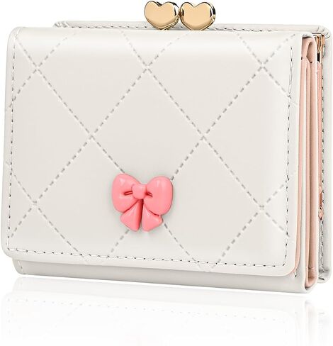 Wallet Women, Cute Small Coquette Bow Trifold Wallets Woman, Heart Shape Kiss-lock Business Credit Card Coin Holder Purse Pocket for Cash Key Change (White) in Saudi Arabia