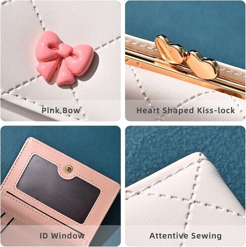 Wallet Women, Cute Small Coquette Bow Trifold Wallets Woman, Heart Shape Kiss-lock Business Credit Card Coin Holder Purse Pocket for Cash Key Change (White) in Saudi Arabia