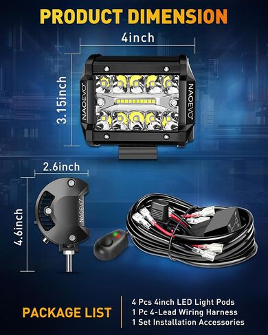 NAOEVO 7 Inch LED Light Bar, LED Fog/Driving/Off Road Lights Spot&Flood LED Tractor Lights with 4 Leads Wiring Harness, LED Pods Lights Work Lights for Truck Boat ATV UTV, 4 Pcs (White) in Saudi Arabia