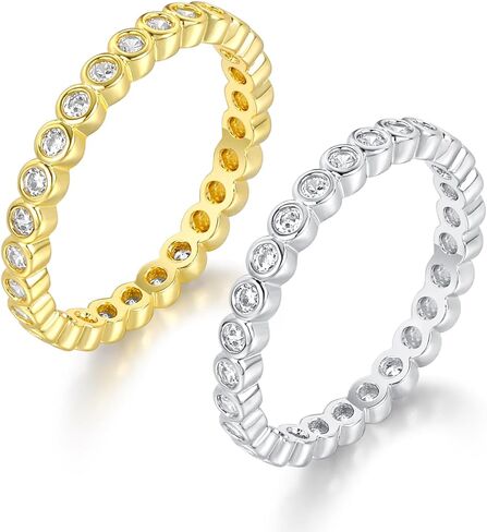 TIKJE 2 Rings Set For Women, 18k Yellow/White Gold Plated Rings - Cubic Zirconias Band Ring, Eternity Promise Engagement Wedding Band Gift For Her Size 5-12 in Saudi Arabia