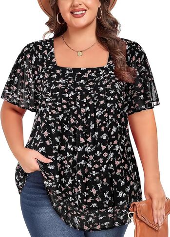 Siddhe Plus Size Chiffon Tops for Women Short Sleeve Square Neck Summer Dressy Blouses Loose Tunic in Kuwait
