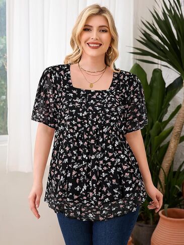 Siddhe Plus Size Chiffon Tops for Women Short Sleeve Square Neck Summer Dressy Blouses Loose Tunic in Kuwait