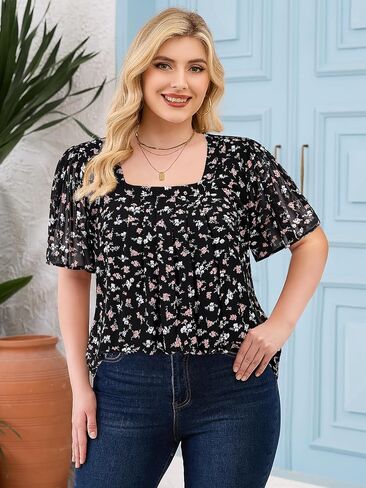 Siddhe Plus Size Chiffon Tops for Women Short Sleeve Square Neck Summer Dressy Blouses Loose Tunic in Kuwait