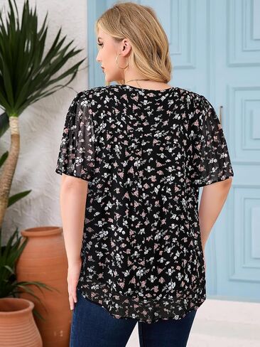 Siddhe Plus Size Chiffon Tops for Women Short Sleeve Square Neck Summer Dressy Blouses Loose Tunic in Kuwait