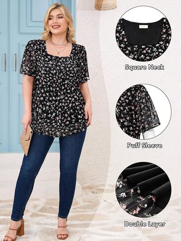 Siddhe Plus Size Chiffon Tops for Women Short Sleeve Square Neck Summer Dressy Blouses Loose Tunic in Kuwait