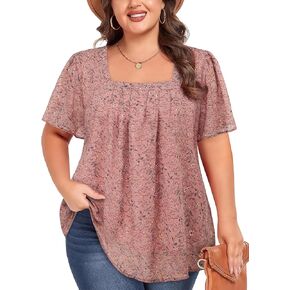 Siddhe Plus Size Chiffon Tops for Women Short Sleeve Square Neck Summer Dressy Blouses Loose Tunic