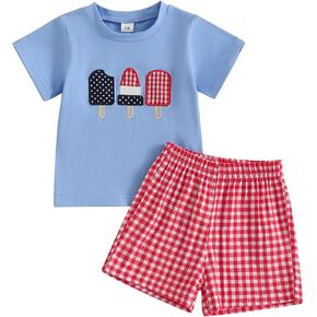 4th Of July Toddler Boy Outfit Popsicle American Flag T-Shirt and Gingham Plaid Shorts Set Independence Day Clothes