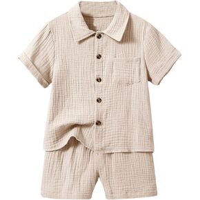 SweatyRocks Boy's 2 Piece Summer Outfits Textured Button Down Shirt and Shorts Sets