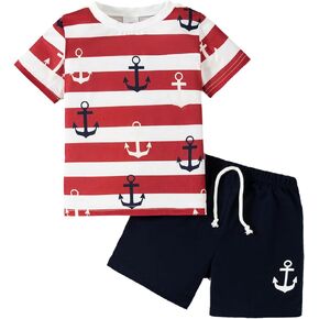 Boy's 2 Piece Outfit Set Striped Print T Shirt Top and Drawstring Elastic Waist Shorts