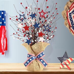 4th of July Artificial Tree Tabletop Decor Patriotic Tree Red Blue White Artificial Berry Stem Picks wooden Star Shaped Decor Burlap Base Farmhouse Tree for Independence Day Home Party Wedding