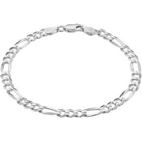 KISPER Mens Sold 925 Sterling Silver Bracelet - 5mm Cuban Link Curb Chain & Figaro Link Bracelets for Men - Sizes 6.5,7,8,9 Inch