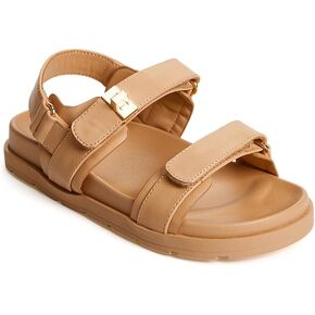 FabKids Girl's Flat Sandals Comfort Adjustable Double Strap Slip on Leather Footbed Sandals for Toddler Little Kid Big Kid