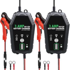 شاحن بطارية بطارية 2 حزمة ، شاحن بطارية ذكي 6 فولت/12V 3 أمبير ، شاحن بطارية أوتوماتيكي بالكامل للسيارة للسيارة ، دراجة نارية ، قارب ، حمض الرصاص ، الليثيوم ، بطاريات LIFEPO4