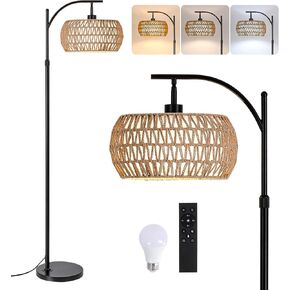 Arc Floor Lamp for Living Room with Remote Control,Boho Farmhouse Standing Lamp with Stepless Dimmable Bulb and Handmade Macrame Lamp Shade,Height Adjustable Black Lamp for Bedroom.