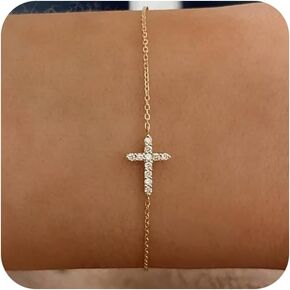 Tewiky Cross Bracelet for Women Dainty 14k Gold Cubic Zirconia Cute Tiny Bracelet Confirmation Gifts for Women