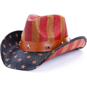 Thuizen American Flag النجوم الوطنية والمشارب تصميم التاج قوي قرصة مدفوقة الحافة القش رعاة البقر قبعة