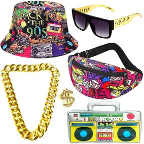 Gionforsy Hip Hop Costume Kit 80s 90s Outfits Accessories Rapper Accessories Bucket Hat Sunglasses Gold Chain Ring