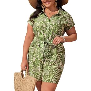 Plus Size Romper for Curvy Women Floral Lace Up Short Sleeves Jumsuits with Pockets, Recycled Fiber Material
