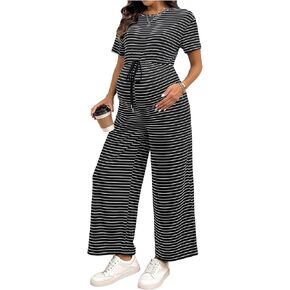 MakeMeChic Women's Maternity Jumpsuit Striped Short Sleeve Crew Neck Wide Leg Pregnancy Romper