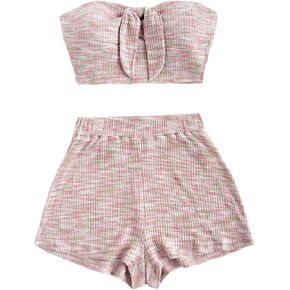 MakeMeChic Women's 2 Piece Outfits Tribal Print Knot Front Bandeau Crop Top and Shorts Boho Set