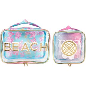 Lilly Pulitzer Beach Associory مجموعة من 2 مع حقيبة سفر واضحة مع إكسسوارات أدوات الاضطرابات (Royal Coral)