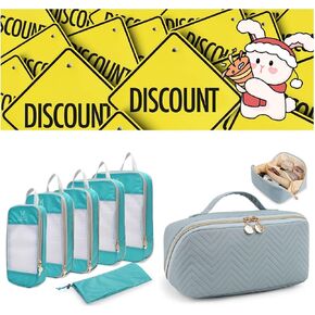 Expandable Compression Packing Cubes for Suitcases (Teal) & Makeup Bag Cosmetic Bag (Blue)