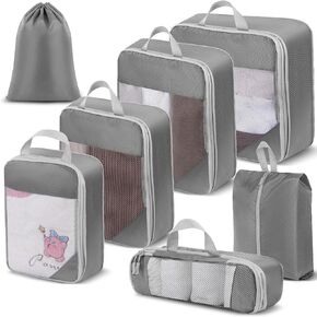 Compression Storage Bags, Mesh Luggage Organizer, Expandable Travel Organizer, Set of 7 (Beige)
