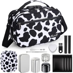 Large Cosmetic Organization Bag with 11 Small Items, Portable Cosmatic Makeup Storage Case with Combination Lock For Home and Travel,(Cute Cow Print) Black and white
